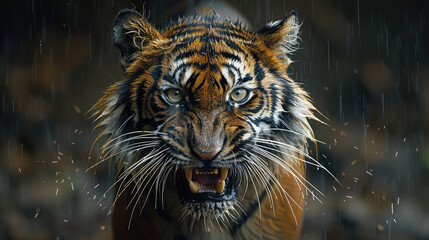 Sumatran Tiger in Natural Habitat. Tiger's Gaze. Frontal Portrait of Panthera tigris sumatrae, Piercing Eyes Reflecting Its Enigmatic Nature.