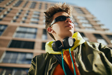 Urban jungle. Portrait of young attractive guy, in trendy vibrant outfit and stylish, retro...