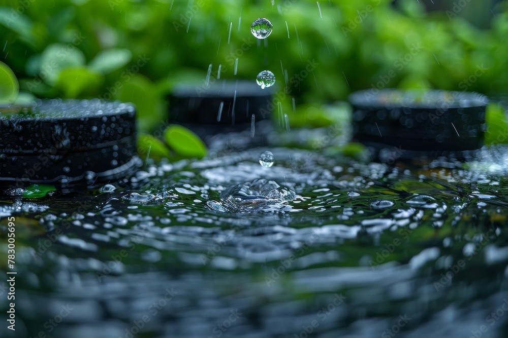 Poster captivating image capturing the moment of raindrops creating ripples on the serene water surface