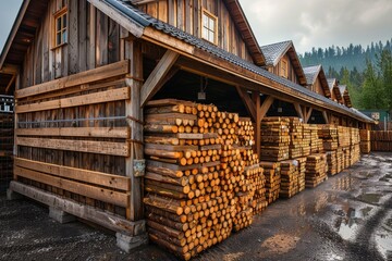An elaborate display of precision-stacked lumber beside a rustic wooden storage shed, illustrating timber industry processes