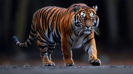 Sumatran Tiger in Natural Habitat. Panthera tigris sumatrae Majestic Form Captured in Graceful Side and Frontal Perspectives. - obrazy, fototapety, plakaty