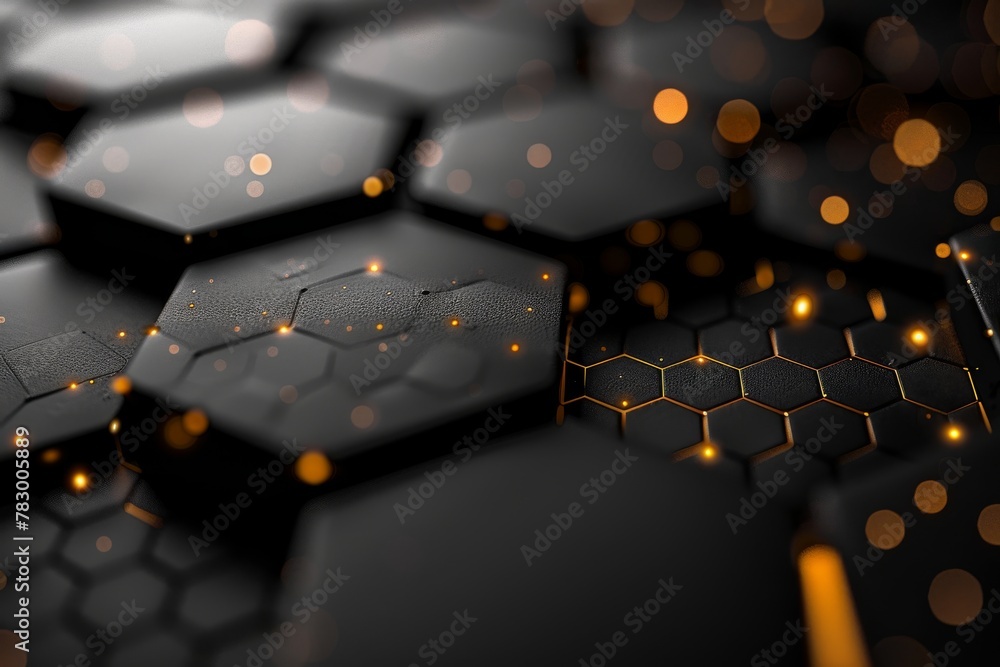 Poster the image presents a close-up view of a dark hexagonal pattern with glowing orange lines and water d