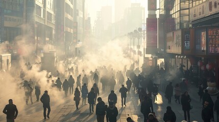 A crowded city square, air filled with smog, as citizens hurry through the polluted atmosphere - obrazy, fototapety, plakaty