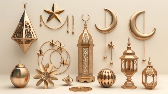 Three-dimensional Islamic holiday elements isolated on a light beige background. Includes crescent moon decor, rosary, golden leaves, Ramadan lantern, and geometric decorations.
