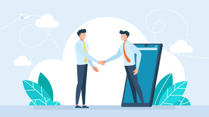 Online communication and business meeting, video communication technology concept. Online agreement, conclusion of the transaction. Businessman handshaking. Business partnership. Vector illustration - obrazy, fototapety, plakaty