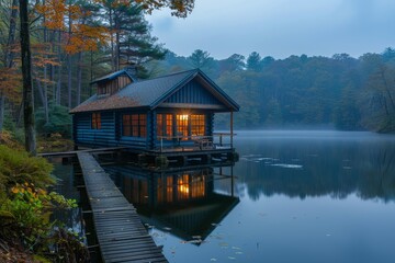 Fototapeta premium A tranquil, atmospheric image of a cozy lakehouse with lights on amidst the fall foliage, re