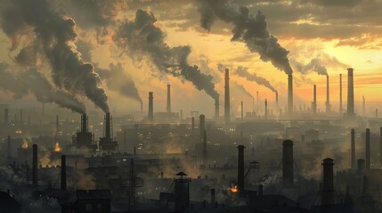 An industrial town at dusk, chimneys puffing out thick smog, casting shadows and pollution