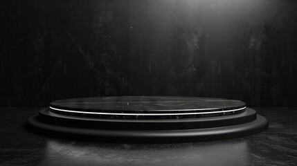 Obraz premium The stage platform for displaying products is circular, black, looks premium, has realistic lighting, and a clean backdrop.