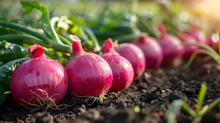 Onion plants are growing on the field, close up. Harvesting background with onion bulb