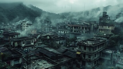 An old town, once vibrant, now shrouded in pollution and silence, forgotten by time - obrazy, fototapety, plakaty