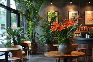 Fototapeta premium A striking orange flower arrangement catches the eye in a tastefully designed urban cafe setting