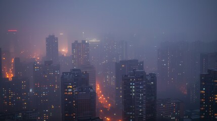 Faint lights of a city at night, barely visible through the dense, polluted air