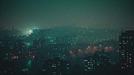 Faint lights of a city at night, barely visible through the dense, polluted air