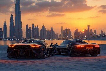 A sleek, futuristic supercar rests on a deserted road at sunset, with the Dubai skyline shimmering in the golden light.