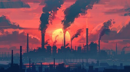 Silhouettes of factories against a sunset, their smokestacks contributing to the eerie smog - obrazy, fototapety, plakaty