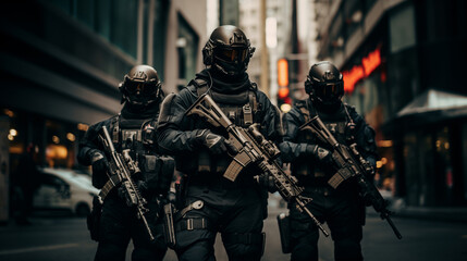 Special forces squad with tactical gear in city