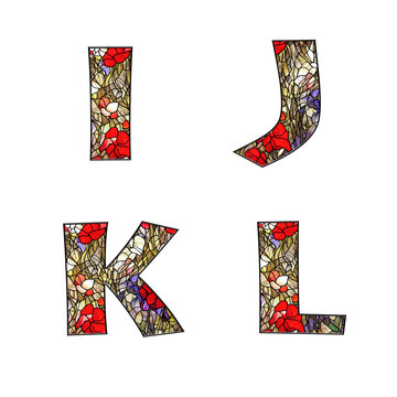 Stained glass floral ornamental alphabet - letters I-L