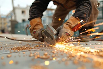 Active construction scene with a focus on a worker meticulously cutting metal, with bright sparks scattering