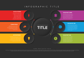 Multipurpose Infographic template with six elements around big button and color stripes on dark back
