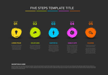 Five brush circle steps timeline process infographic template on dark background - 783007011
