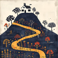Funny cartoon illustration with landscape in folk style