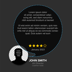 Client dark user testimonial review layout template with profile photo placeholder
