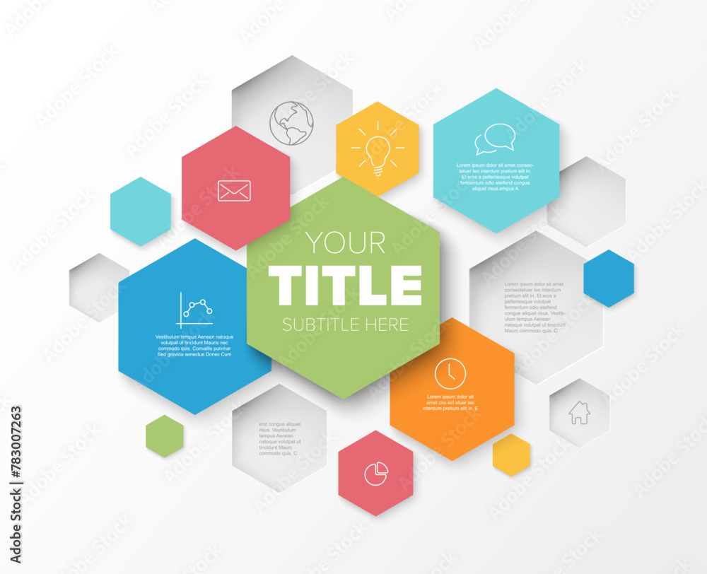 Poster simple infographic template with various information in hexagon boxes