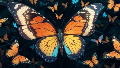 A striking monarch butterfly with vibrant wings rests on dark foliage, surrounded by a flutter of fellow butterflies.