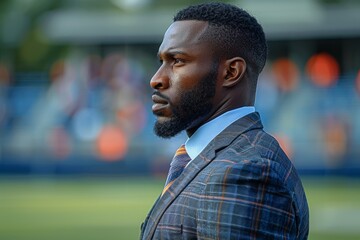 Well-dressed man with a confident stance in a sports field, portraying leadership and determination - obrazy, fototapety, plakaty