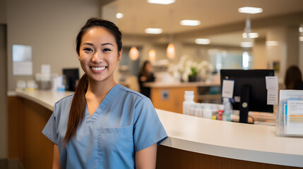 The attractive, happy nursing student stands in the hospital corridor
