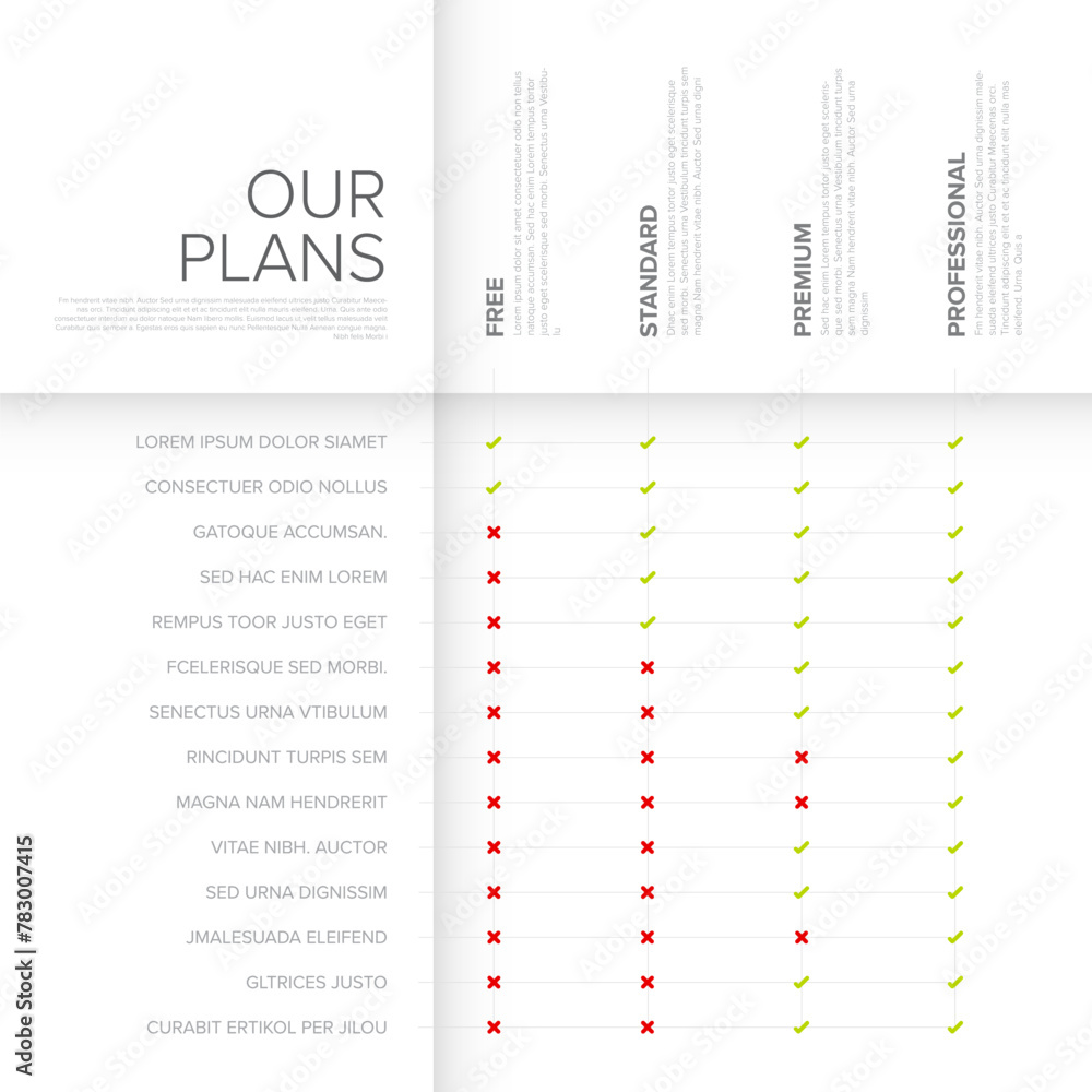Poster minimalistic froducts feature list table with functions and product options