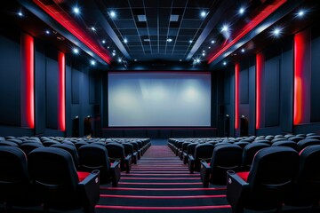 An empty modern cinema hall with red seats and a large screening area, ready for an audience