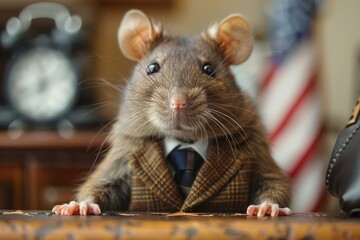 Humorously captured, this image shows a rat in a suit and tie, resembling a professional at work - obrazy, fototapety, plakaty
