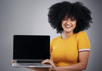 African woman, studio and laptop screen for college, presentation or e learning registration and portrait. Student with computer mockup to sign up for online course in marketing on a gray background