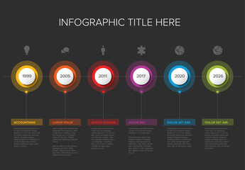 Six circle steps timeline process infographic template with icons on dark background - 783007810