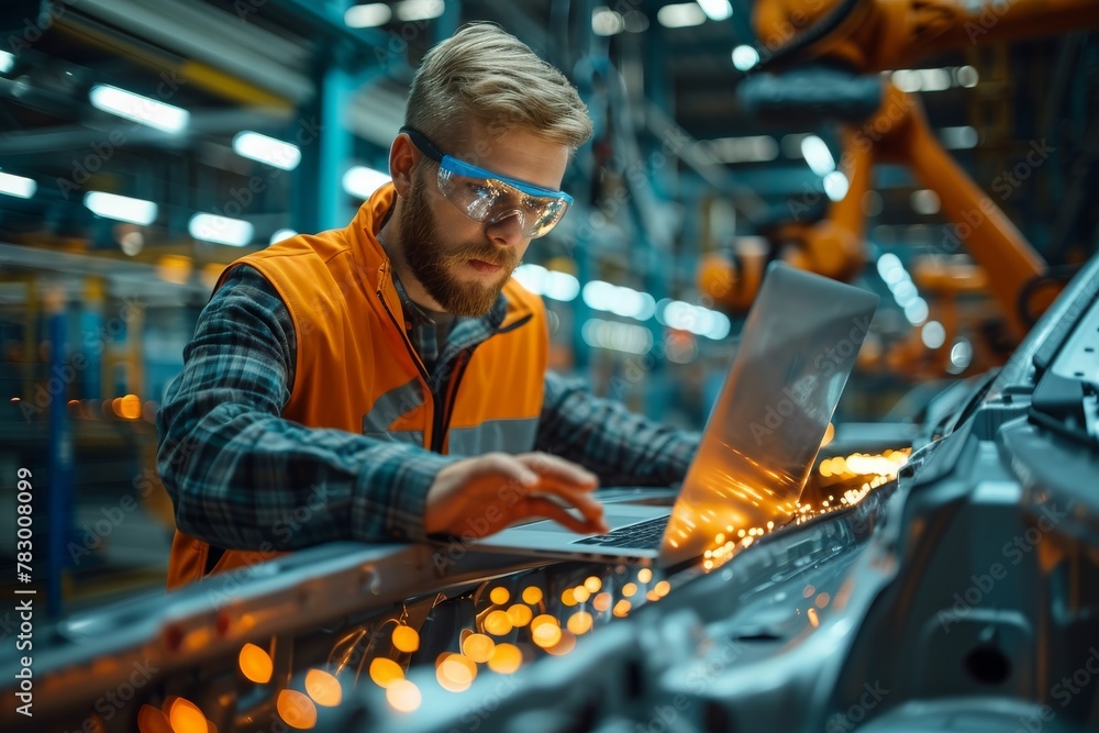 Poster engaged factory worker in a safety vest using a laptop to control automated machinery, with dynamic 