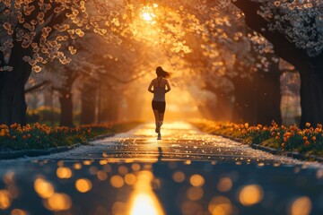 An inspiring image of a solo woman jogger on a picturesque path with sunlight piercing through blossoming trees