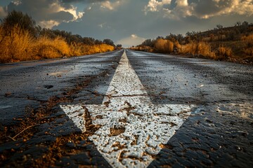 Vivid close-up of cracked and faded road paint against the backdrop of an overcast, storm-threatening sky - obrazy, fototapety, plakaty