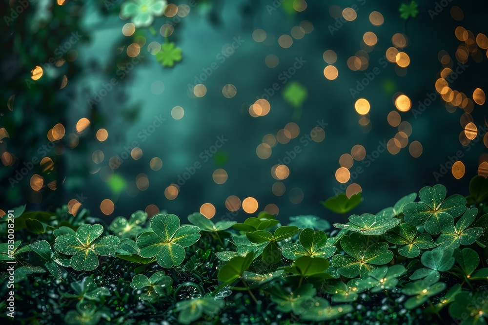 Poster shamrocks glistening with morning dew, with defocused lights creating a magical bokeh effect in the 