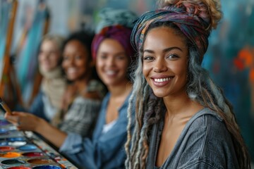 A group of diverse women participating in an art class, focused on painting with bright smiles