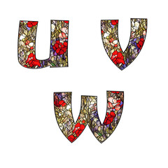 Stained glass floral ornamental alphabet - letters U-W