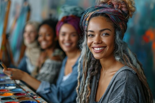 A group of diverse women participating in an art class, focused on painting with bright smiles