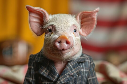 Adorable piglet dressed in a formal checkered suit making an amusing fashion statement
