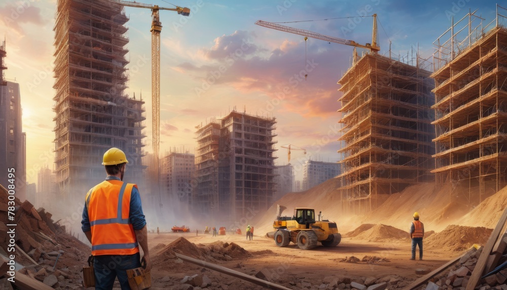Poster a construction worker observes the busy site with multiple cranes and machinery at sunset, highlight