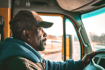 Focused african american truck driver at work - obrazy, fototapety, plakaty