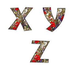 Stained glass floral ornamental alphabet - letters X-Z