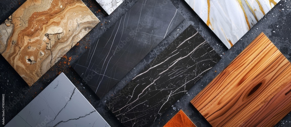 Poster various types of marble showcasing unique patterns and textures in a close-up view.