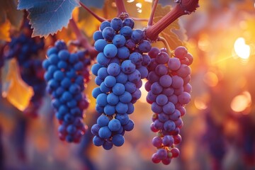 Warm sunlight bathes bunches of ripe grapes on the vine, indicating a bountiful harvest season - obrazy, fototapety, plakaty