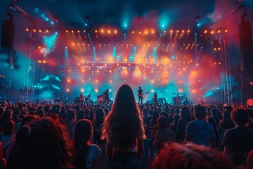 Colorful and vivid light show at a music concert with a crowd watching the performance with awe