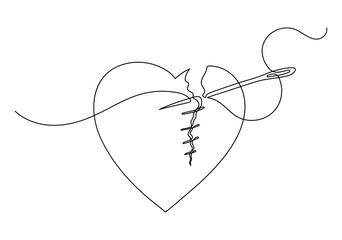 Fixed broken heart. The heart is sewn with a thread and a needle. Continuous line drawing. - obrazy, fototapety, plakaty